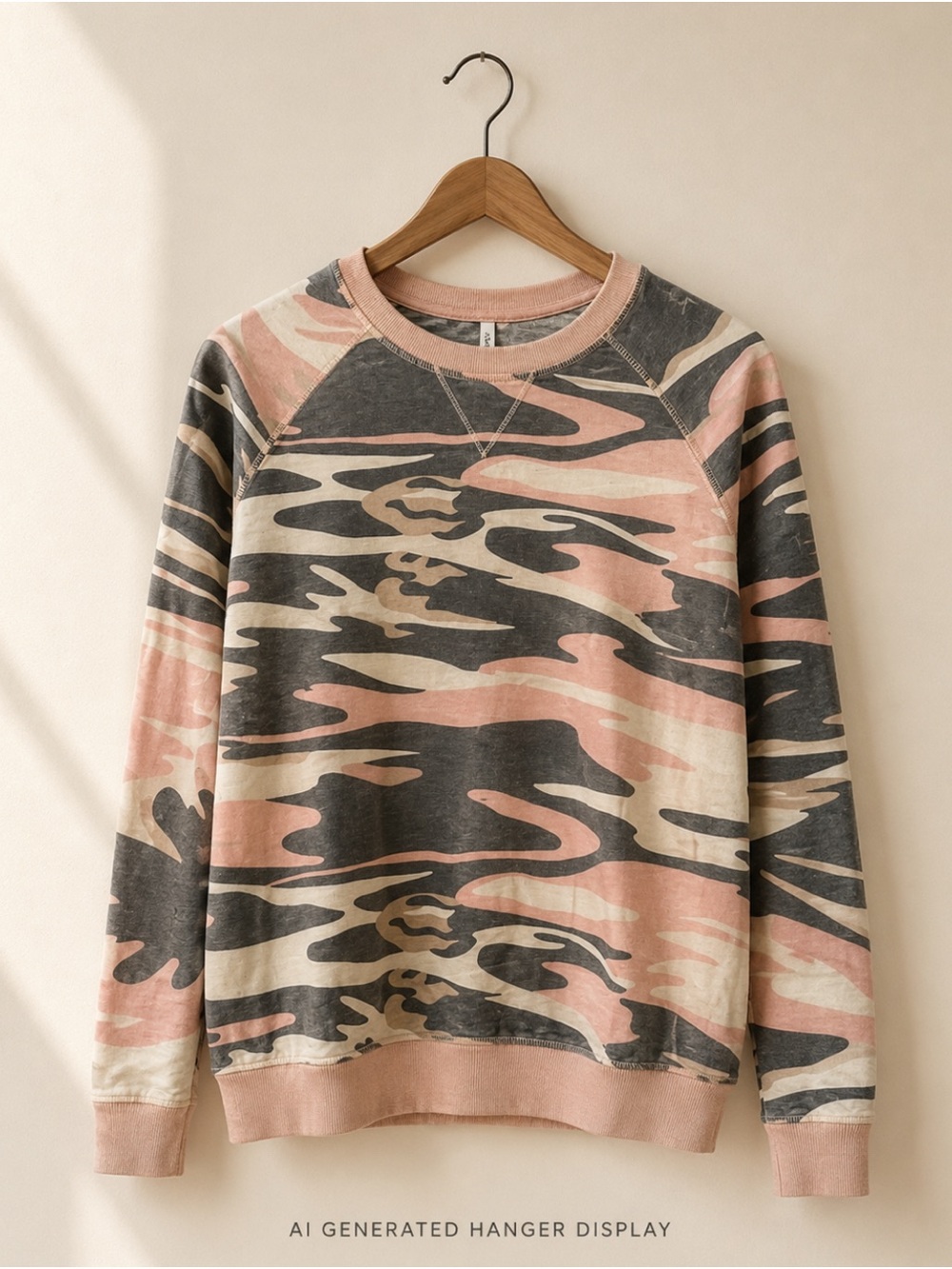 Z Supply Camo Crewneck Sweatshirt Pink, Black & Cream